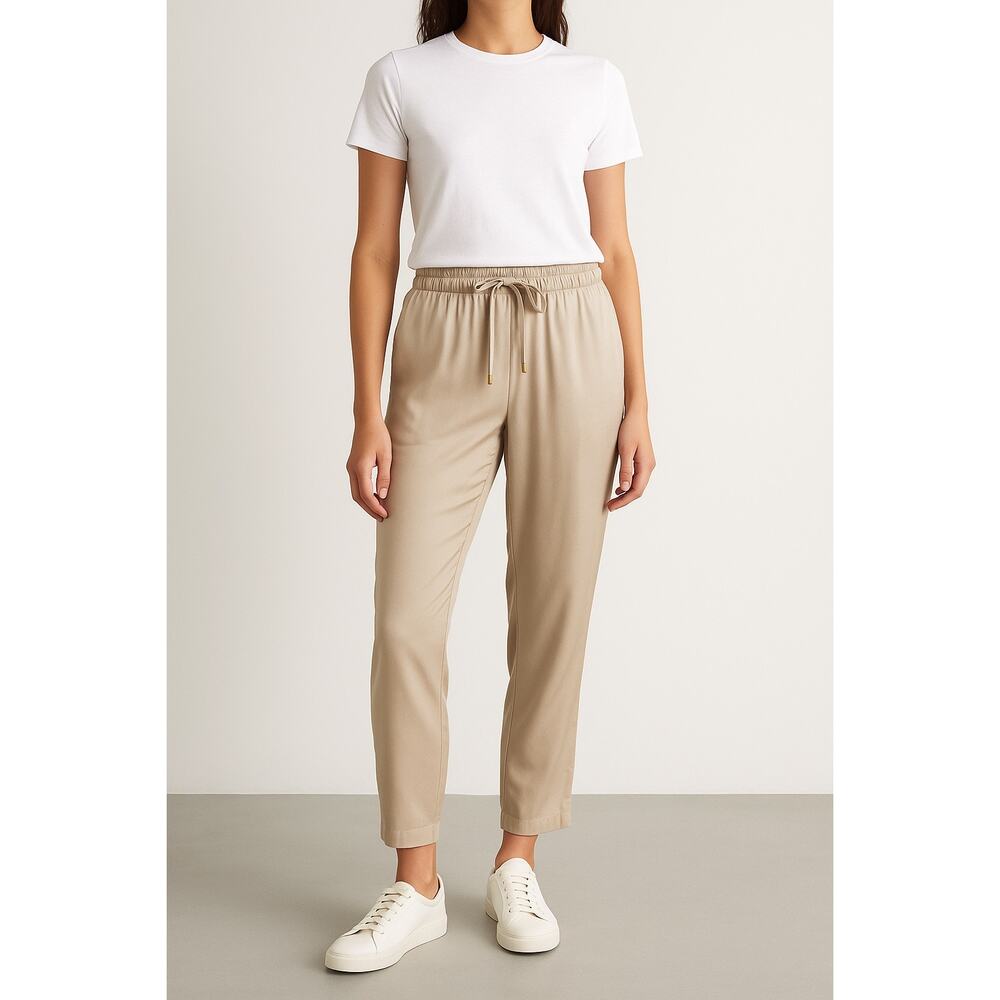 Tory Burch Satin Modal Rayon Tapered Drawstring Pull On Trousers Pants Small Tan